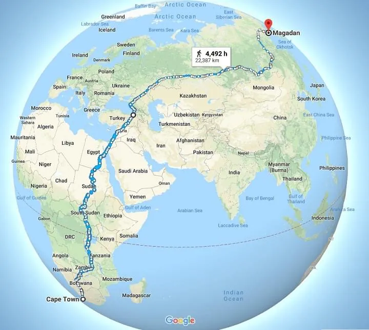 世界上最长的路是从开普敦（南非）到马加丹（俄罗斯） 不需要飞机